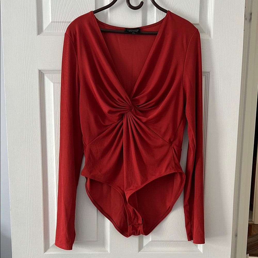 Topshop Red Ruched Long Sleeve Bodysuit, Size 14